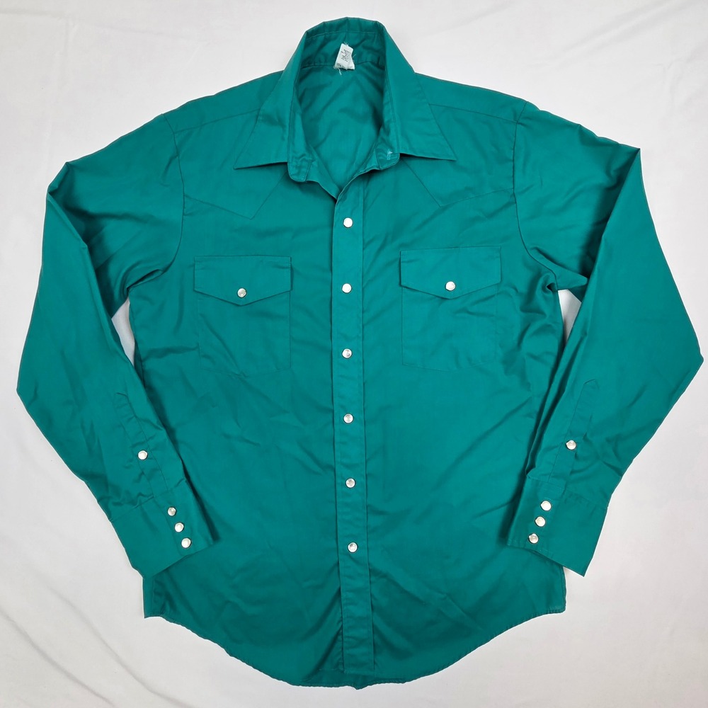 Malco Modes Mens Western Pearl Snap Shirt 15.5 x 34 Green Vintage Long Sleeve